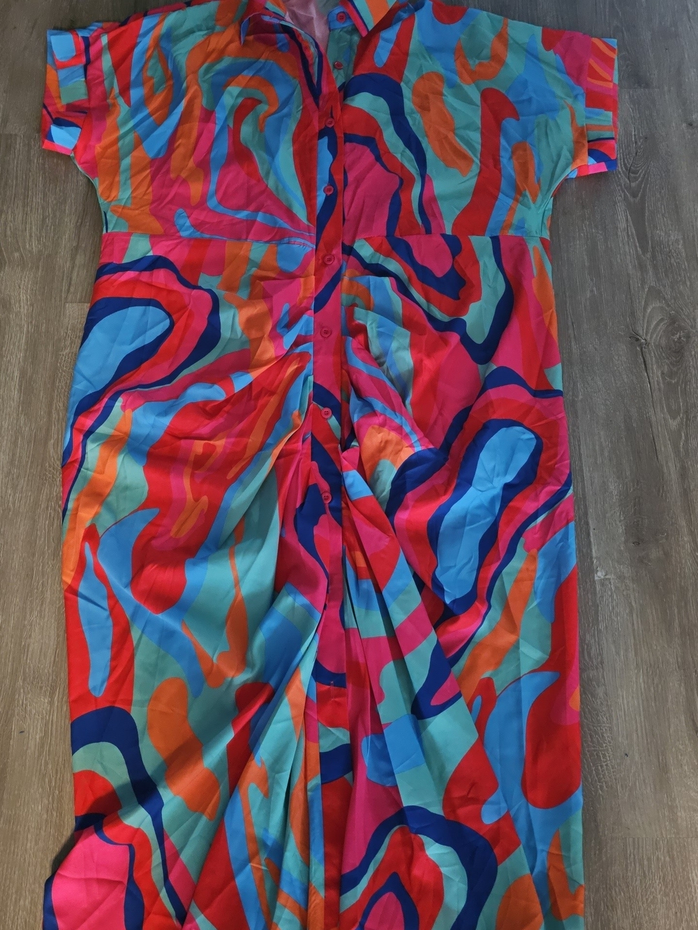 Chicme Red, Teal, Orange & Blue Abstract Button-Up Dress